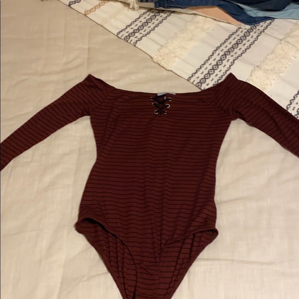 Maroon and black striped long sleeve bodysuit
